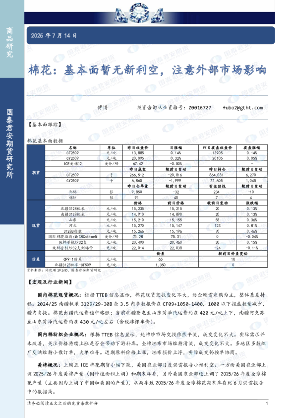 棉花：基本面暂无新利空，注意外部市场影响