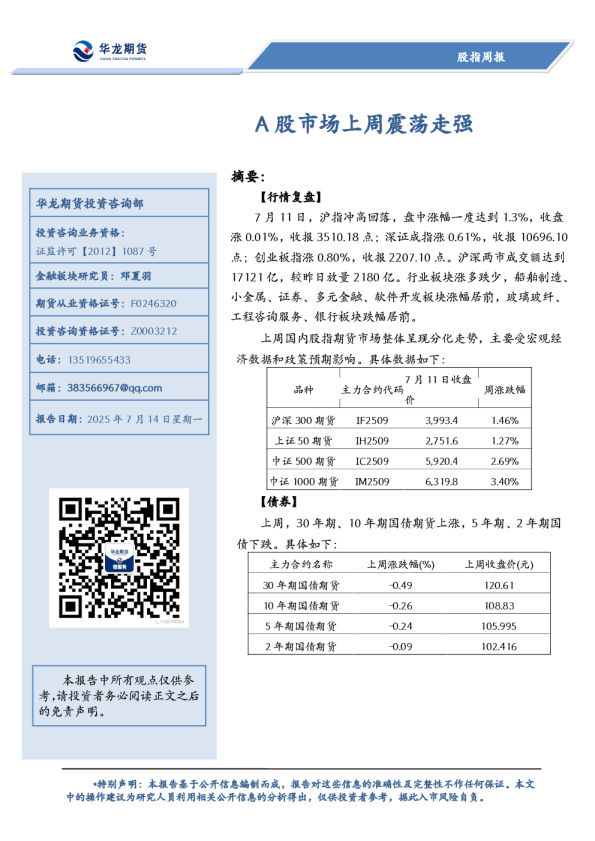 股指周报：A股市场上周震荡走强