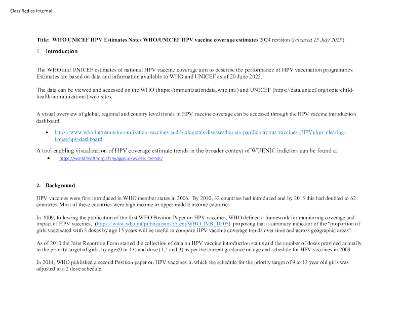 世界卫生组织-联合国儿童基金会HPV疫苗接种率估计
