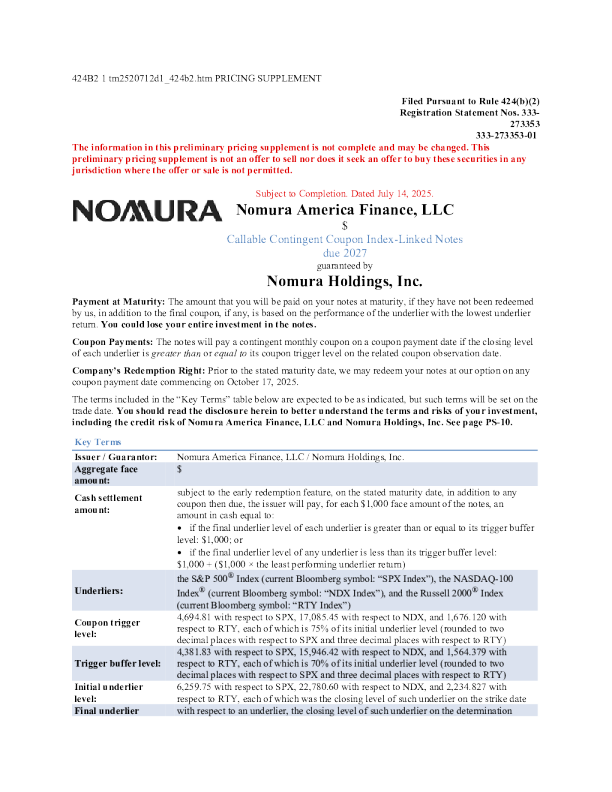 野村控股美股招股说明书(2025-07-14版)