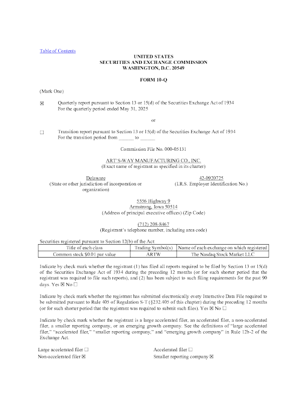 Art’s-Way Manufacturing Co Inc 2025年季度报告