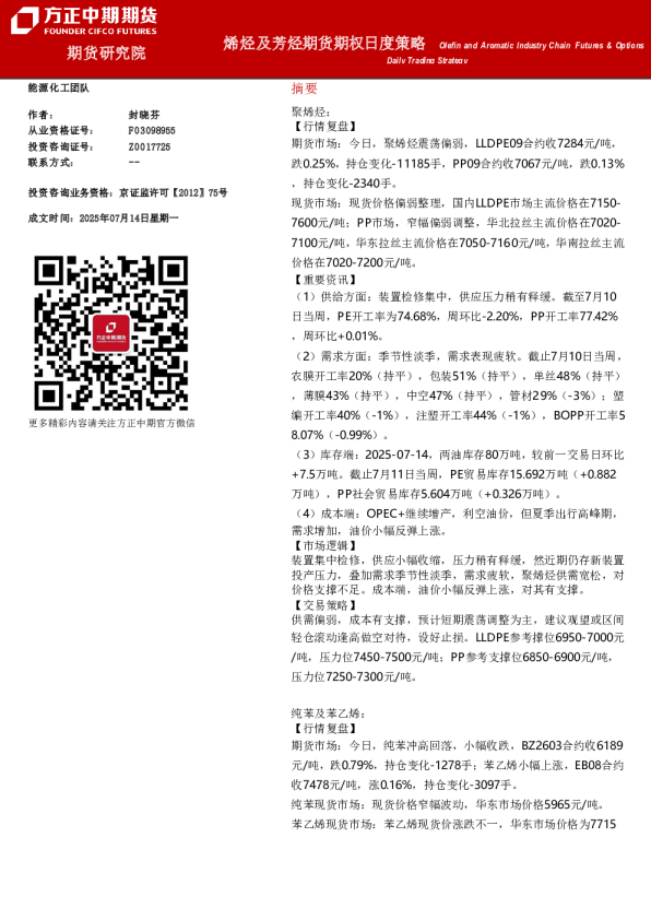 烯烃及芳烃期货期权日度策略