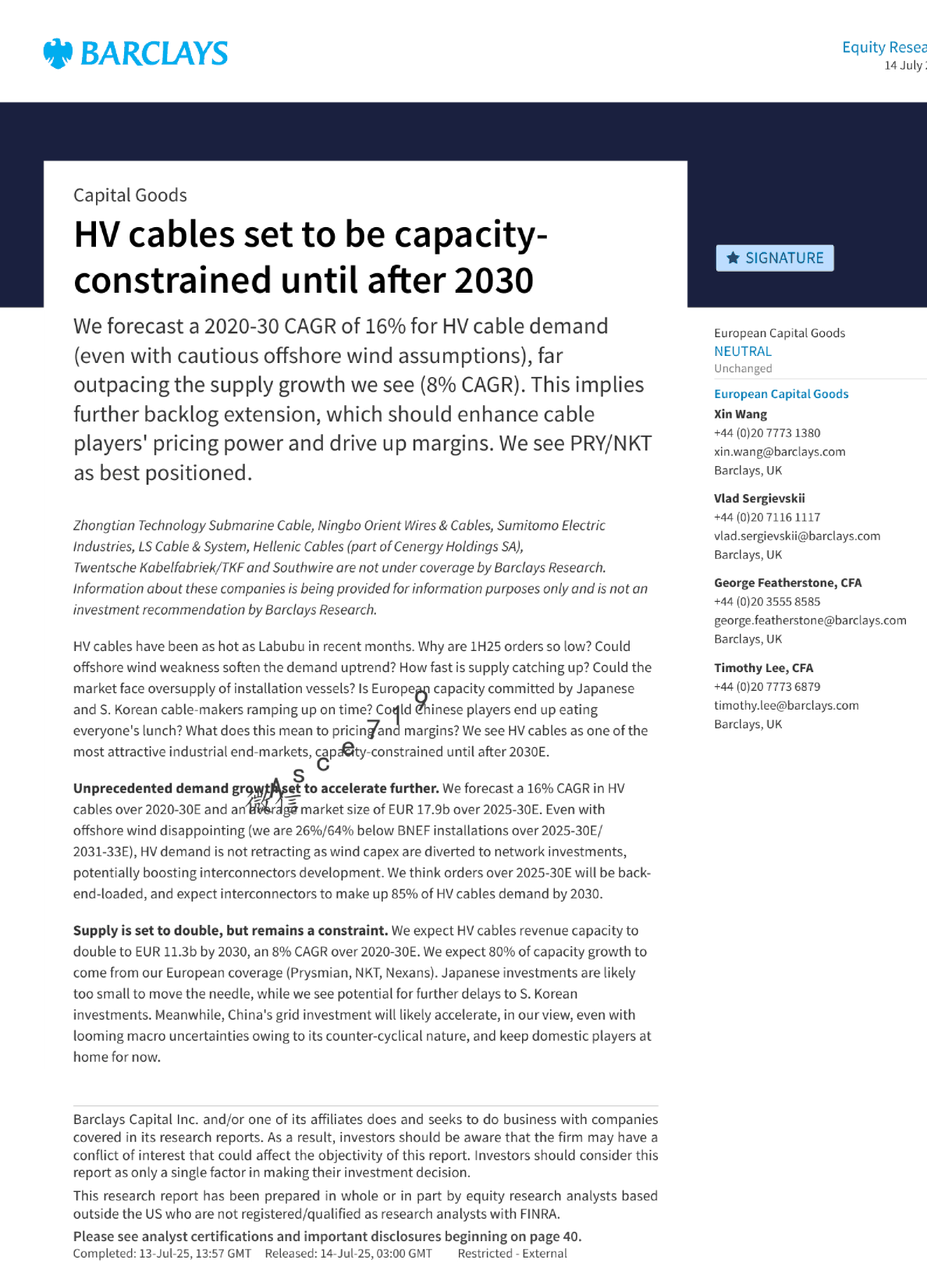 高压电缆产能预计在2030年后仍将受限