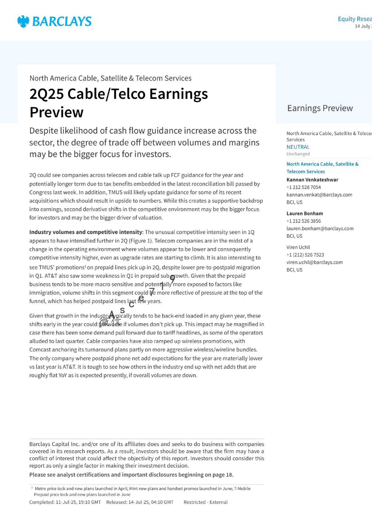 北美有线、卫星及电信服务行业2Q25业绩预览