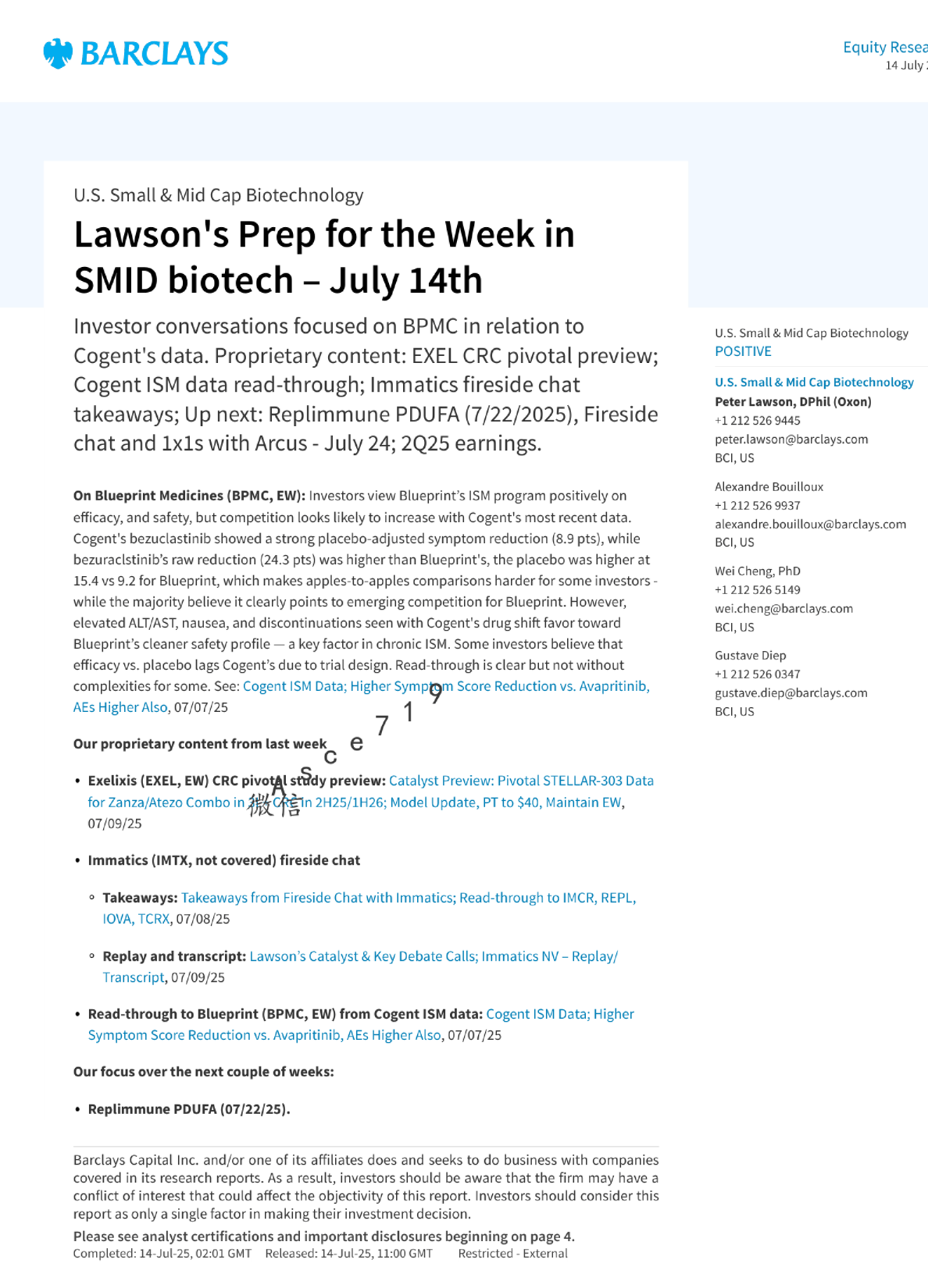 美国中小型生物科技：Lawson的每周准备 - SMID生物科技7月14日