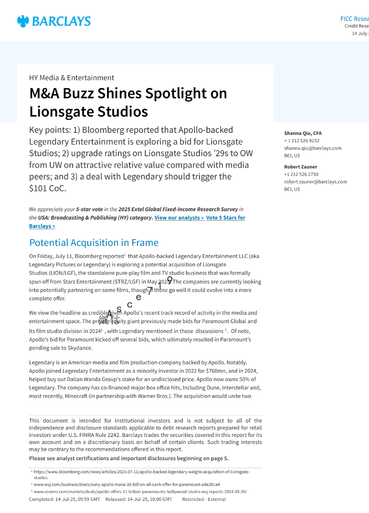 并购传闻聚焦狮门影业