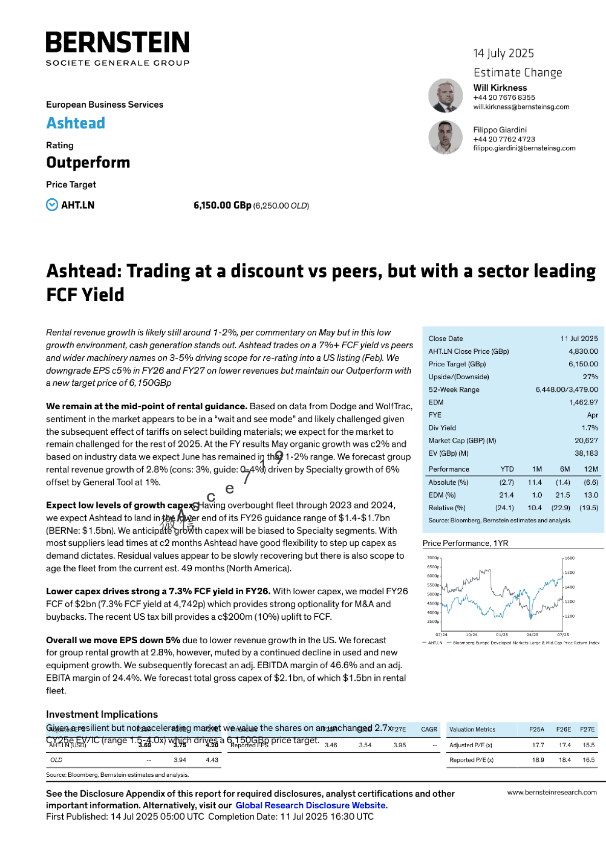 Ashtead：与同行相比交易折扣，但拥有行业领先的自由现金流收益率