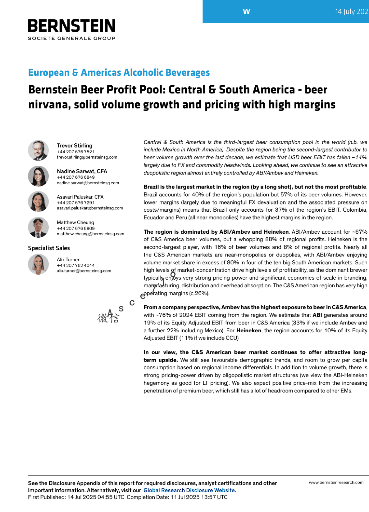 伯恩斯坦啤酒利润池：中美洲和南美洲 - 啤酒涅槃，销量稳健增长且定价高利润率