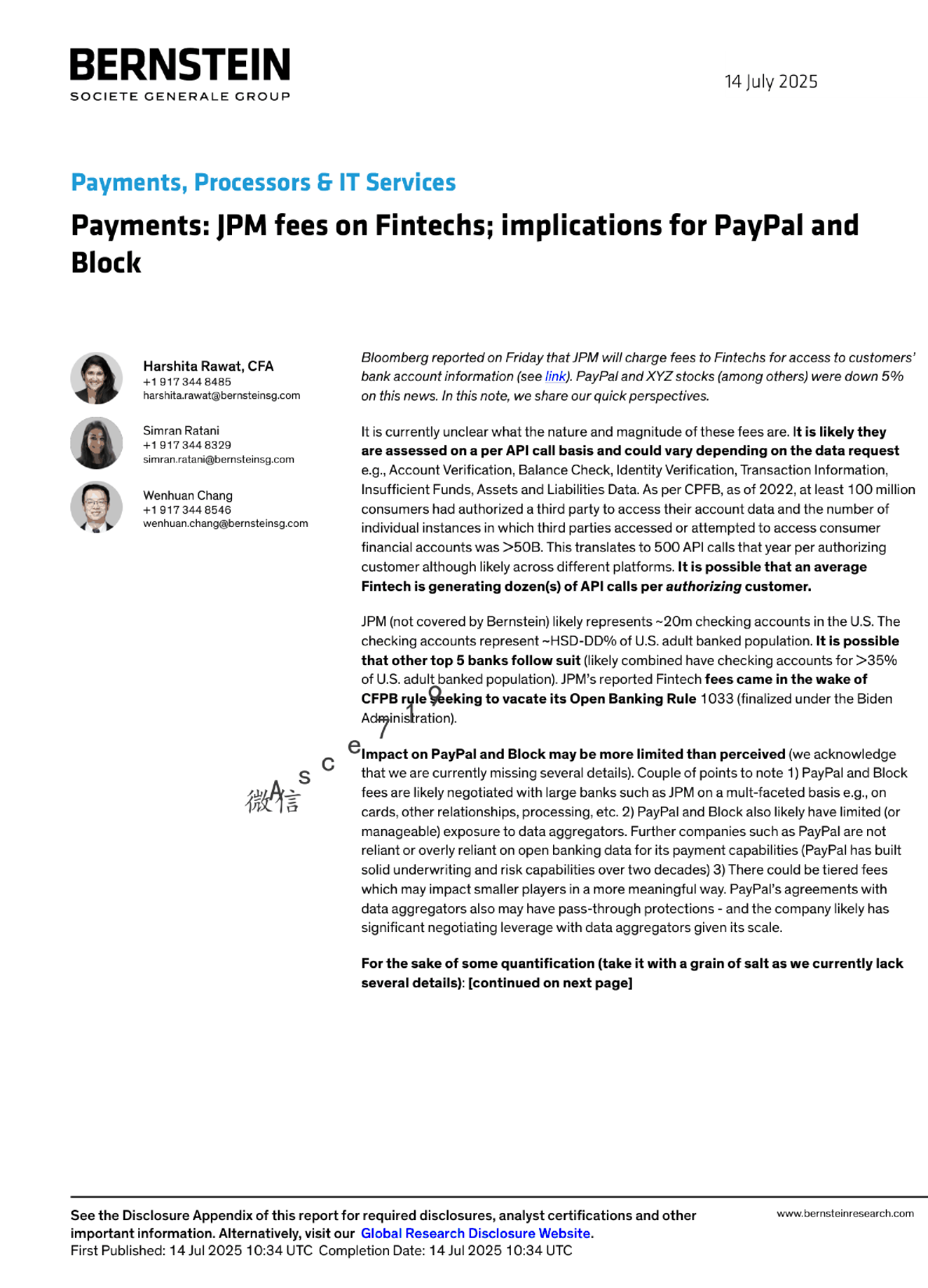 摩根大通对金融科技公司收费对PayPal和Block的影响