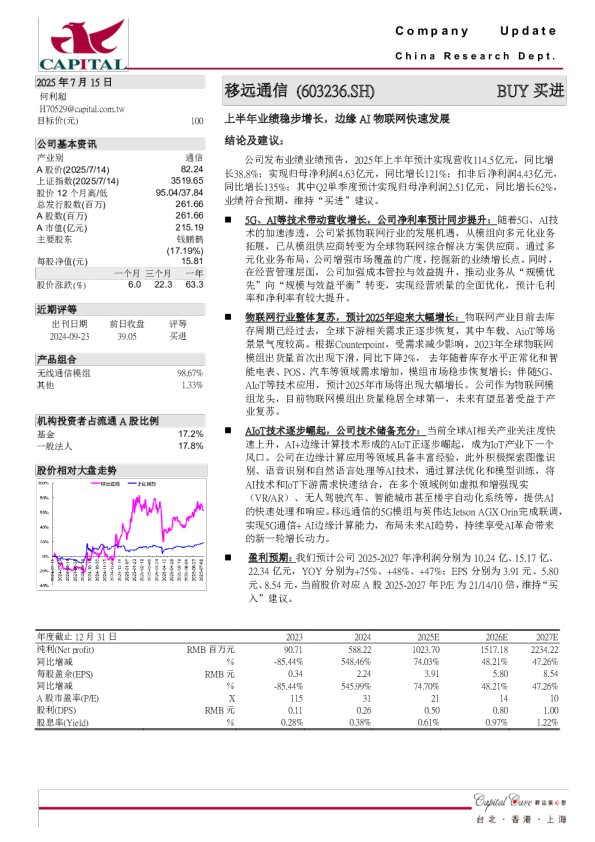 上半年业绩稳步增长,边缘AI物联网快速发展