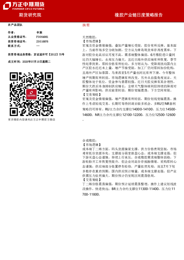 橡胶产业链日度策略报告