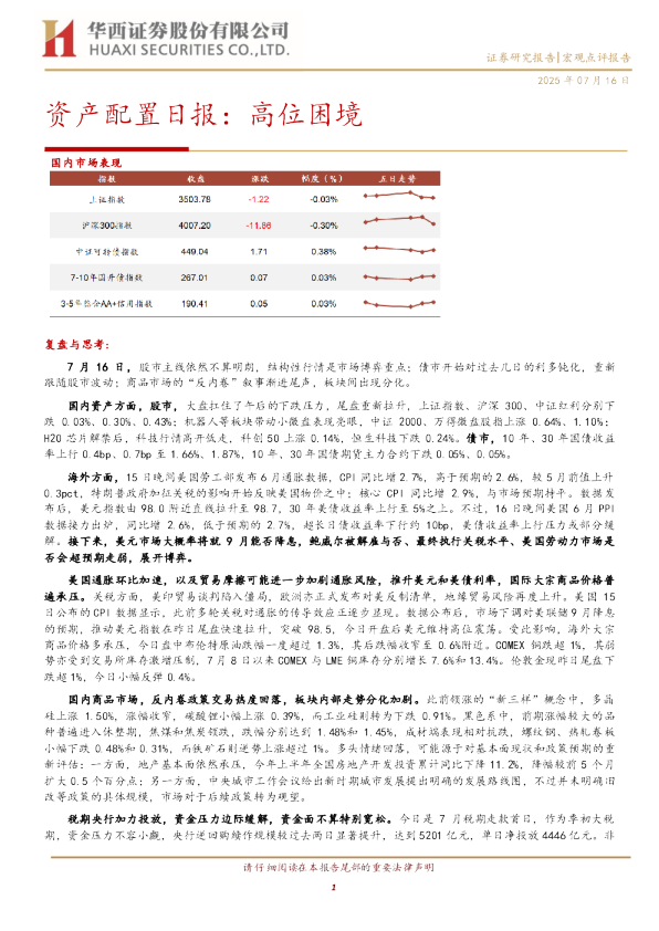 资产配置日报：高位困境