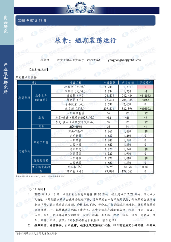 尿素：短期震荡运行