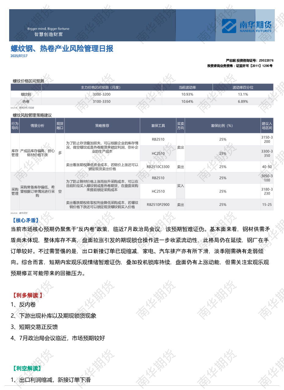 螺纹钢、热卷产业风险管理日报：期现投机需求较好20250717