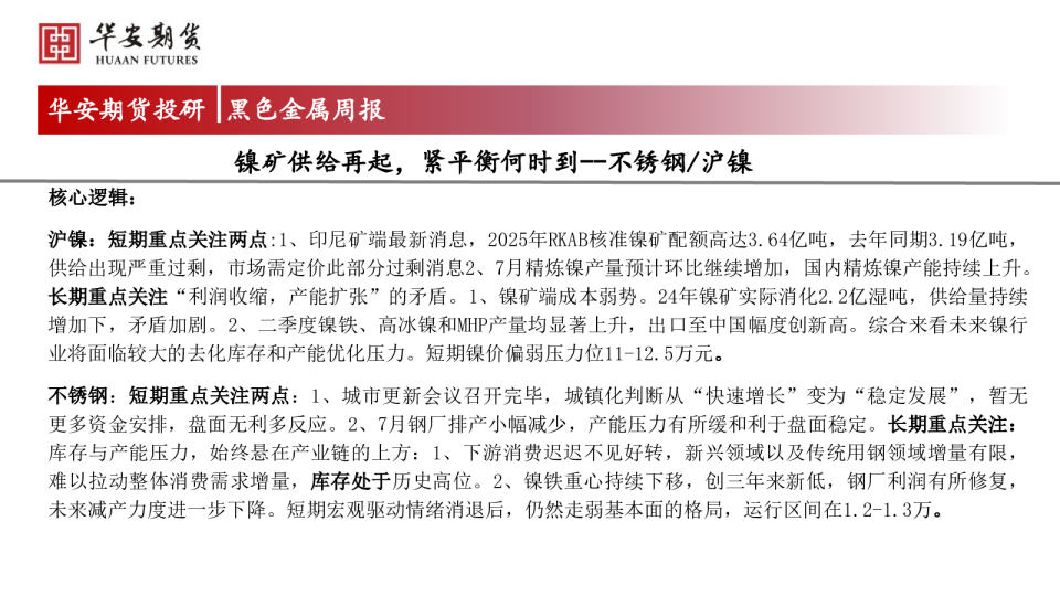 黑色金属周报:镍矿供给再起,紧平衡何时到--不锈钢/沪镍