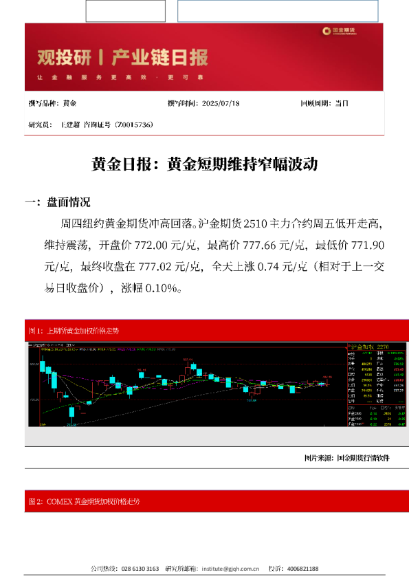 黄金日报：黄金短期维持窄幅波动