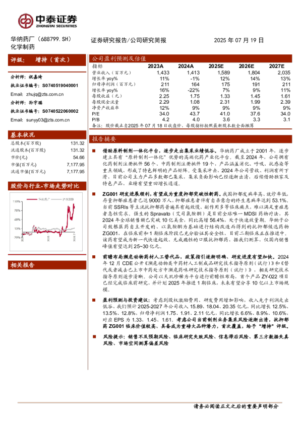 华纳药厂(688799)逐步走出集采低谷，抗抑郁新药潜力巨大
