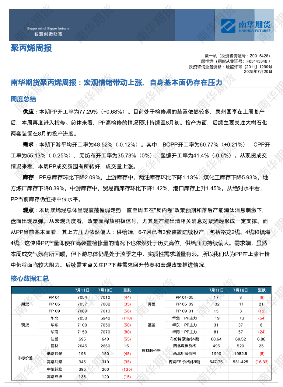 南华聚丙烯周报:宏观情绪带动上涨,自身基本面仍存在压力20250720