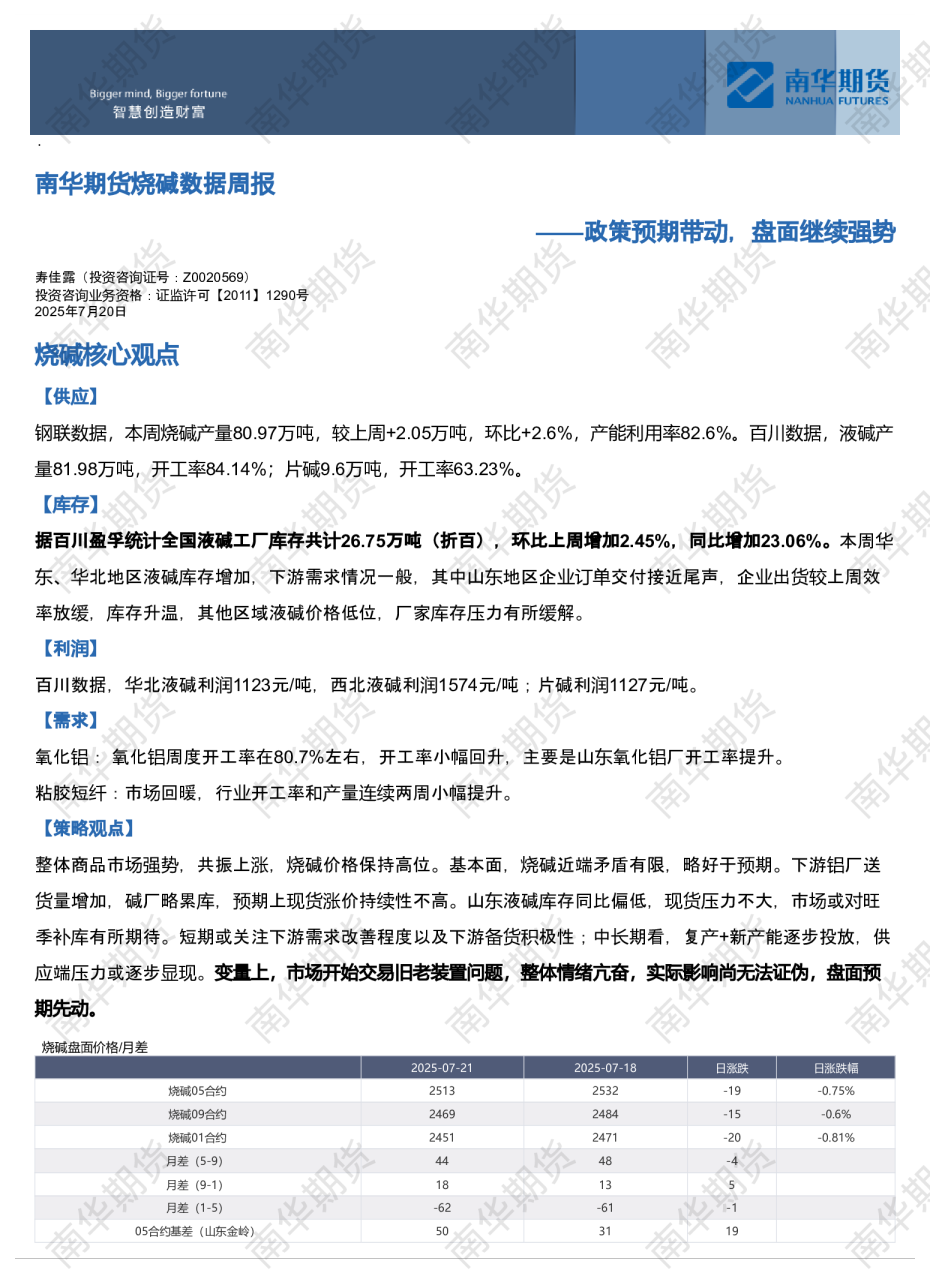 南华期货烧碱数据周报——政策预期带动，盘面继续强势