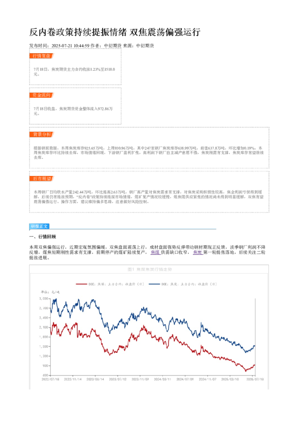 反内卷政策持续提振情绪 双焦震荡偏强运行