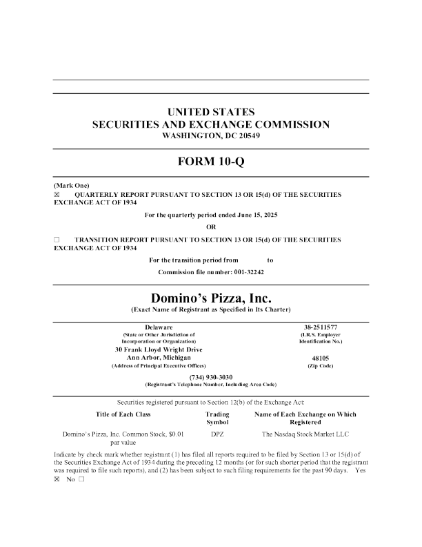 达美乐披萨 2025年季度报告