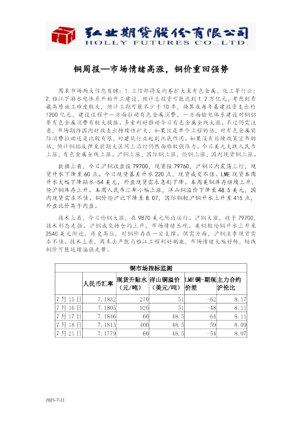铜周报—市场情绪高涨，铜价重回强势