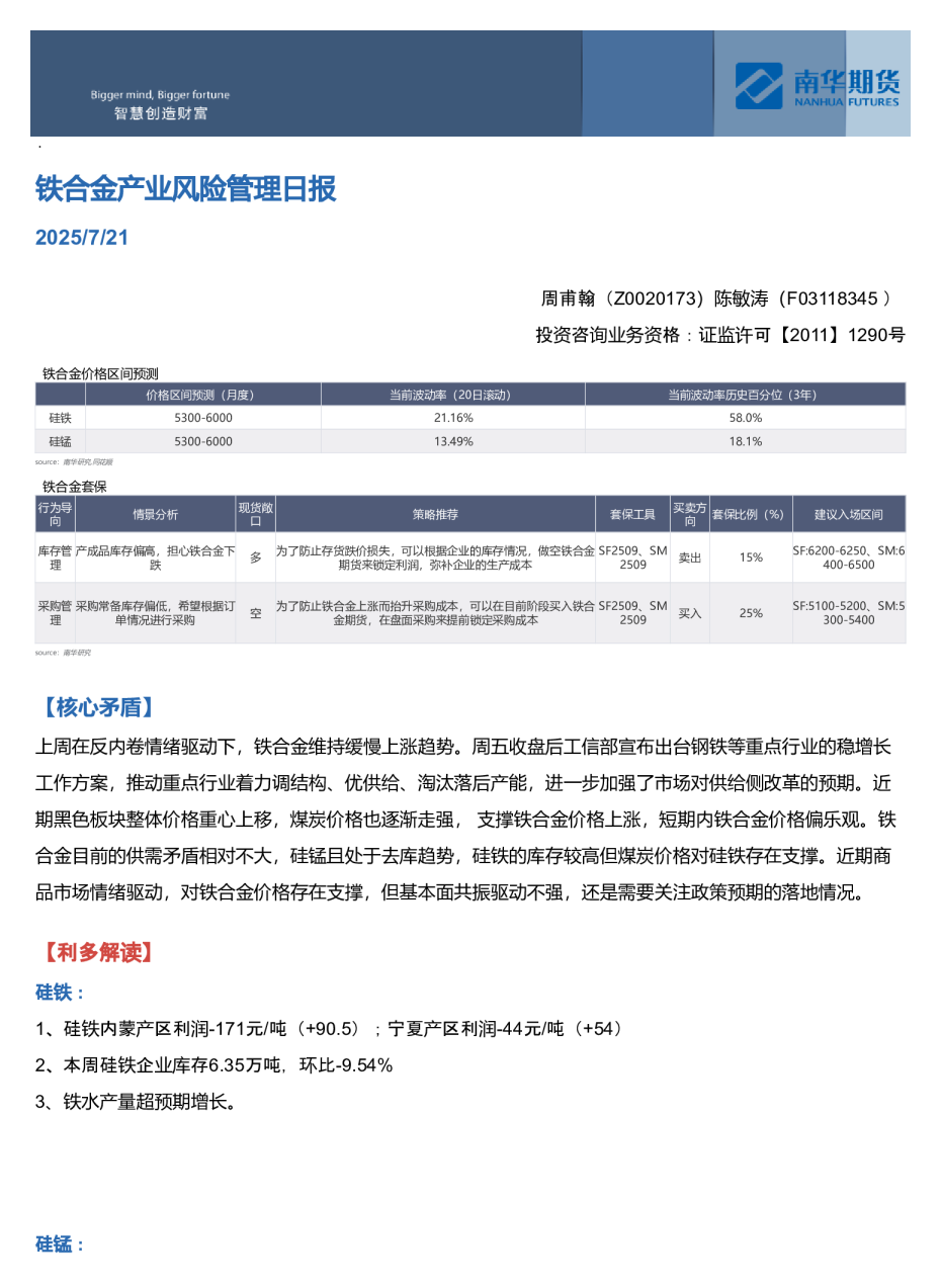 铁合金产业风险管理日报
