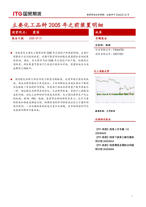 纯苯专题报告：主要化工品种2005年之前装置明细