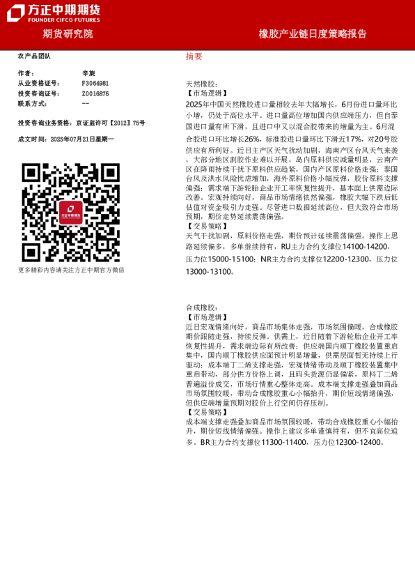 橡胶产业链日度策略报告