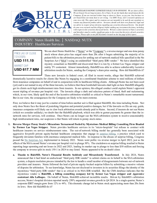 做空纽泰克斯健康公司报告