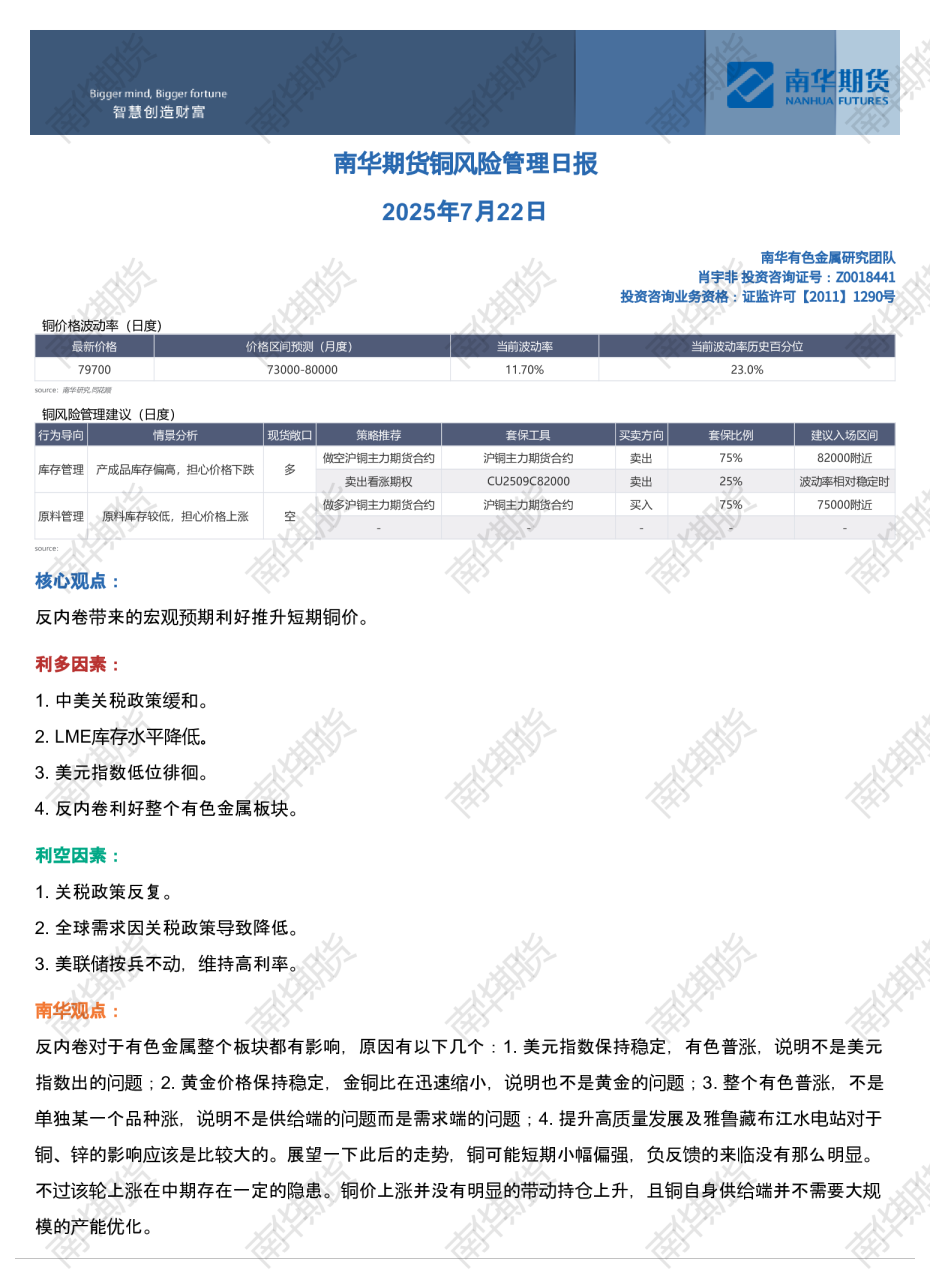 铜风险管理日报：短期宏观利好铜价