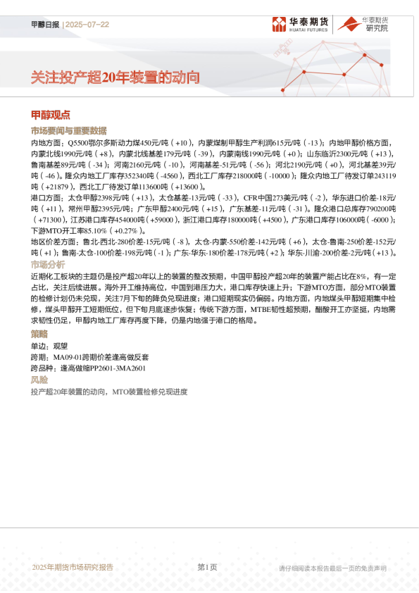 甲醇日报：关注投产超20年装置的动向