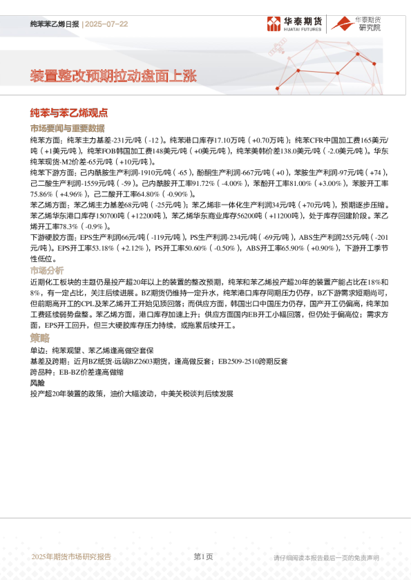 纯苯苯乙烯日报：装置整改预期拉动盘面上涨