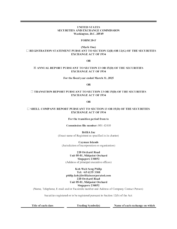 BrilliA Inc-A 2025年年度报告和过渡报告