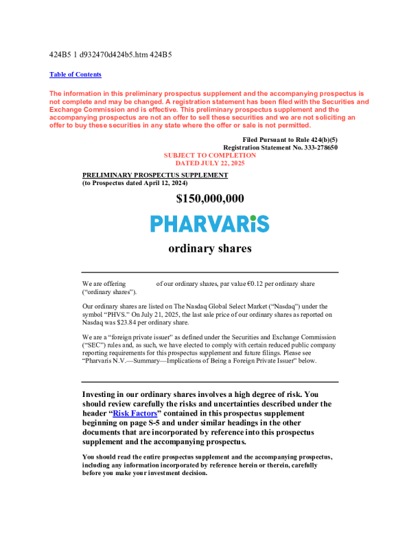 Pharvaris NV美股招股说明书(2025-07-22版)