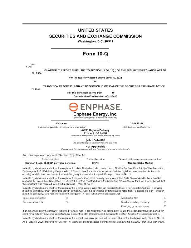 恩菲斯能源 2025年季度报告