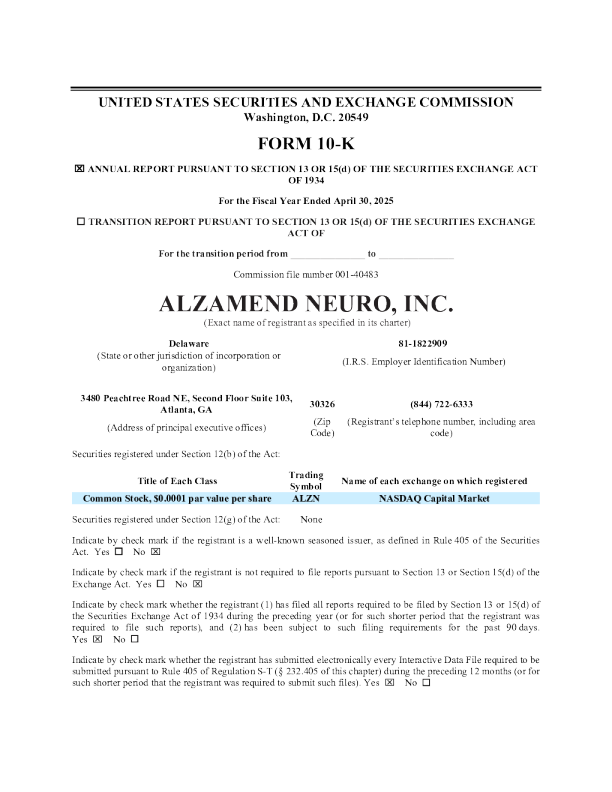 Alzamend Neuro Inc 2024年度报告