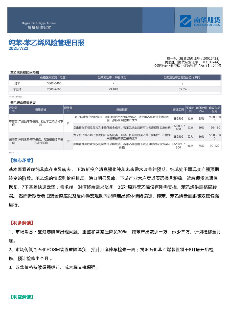 纯苯：苯乙烯风险管理日报