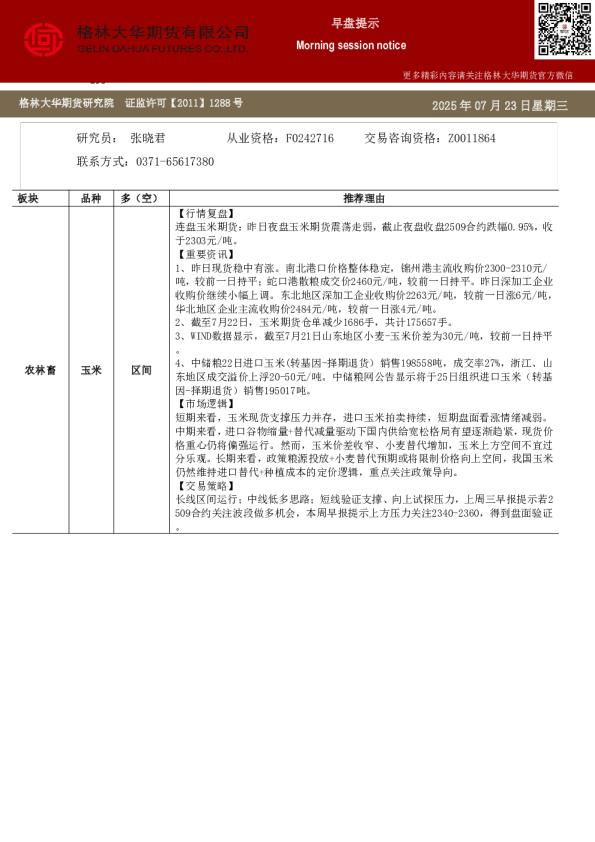 格林大华期货早盘提示
