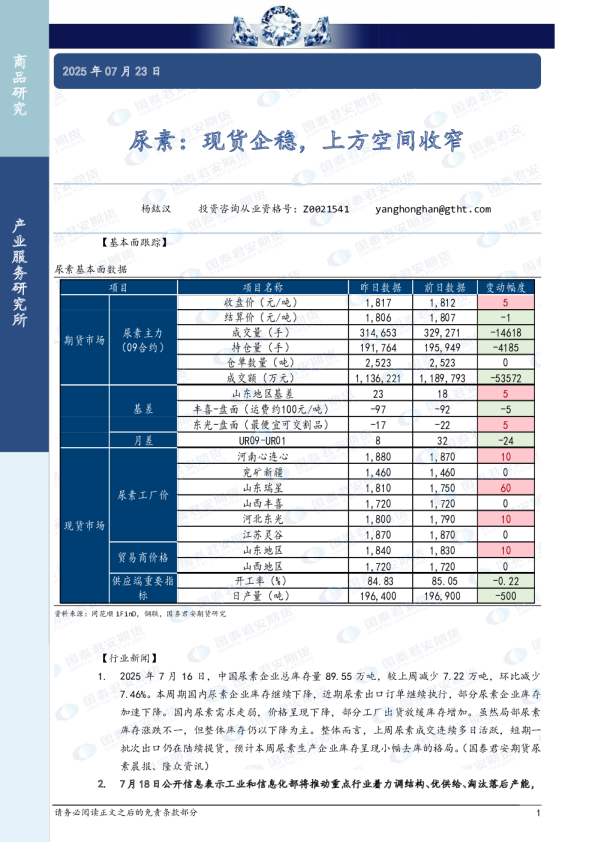 尿素：现货企稳，上方空间收窄