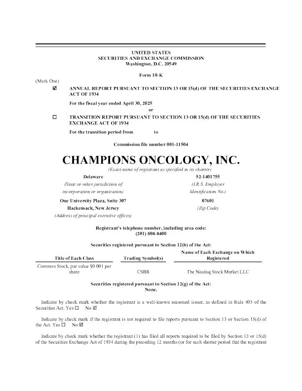 Champions Oncology Inc 2024年度报告