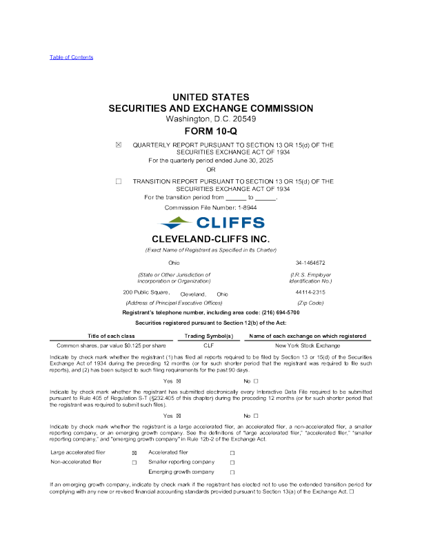 克利夫兰克里夫 2025年季度报告