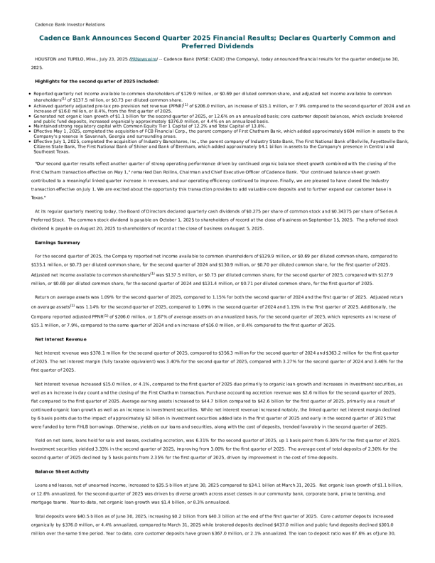 Cadence Bank 2025年第三季度报告
