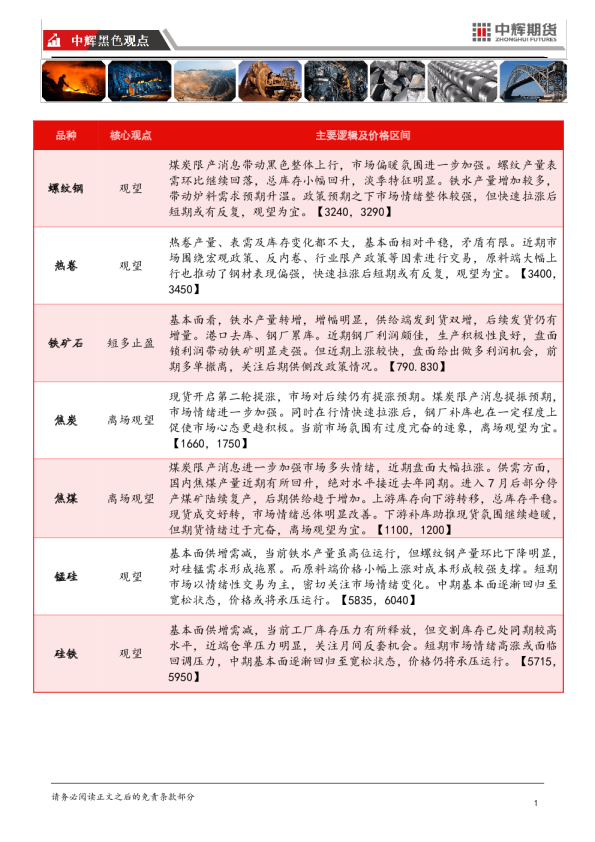 中辉期货黑色板块日报