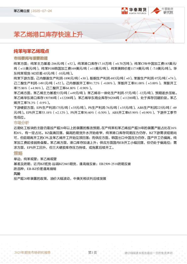 苯乙烯日报：苯乙烯港口库存快速上升