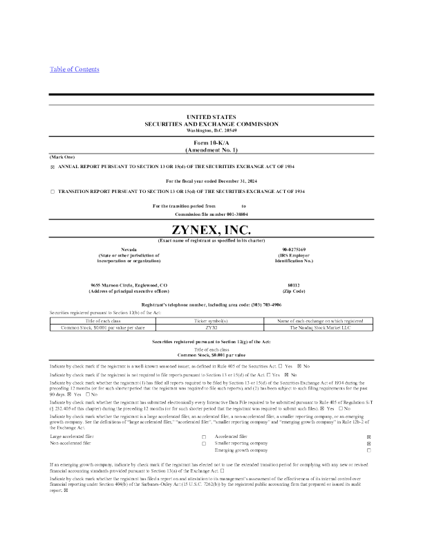 Zynex Inc 2024年度报告