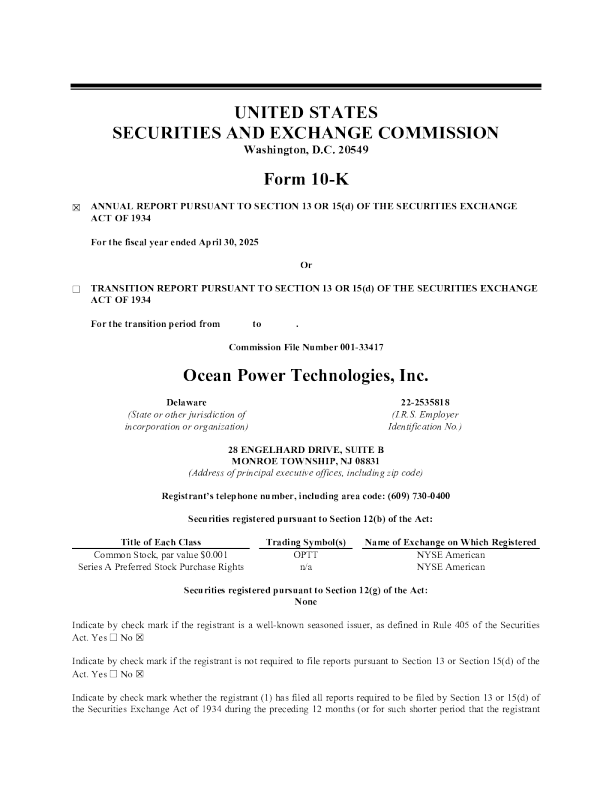 Ocean Power Technologies Inc 2024年度报告