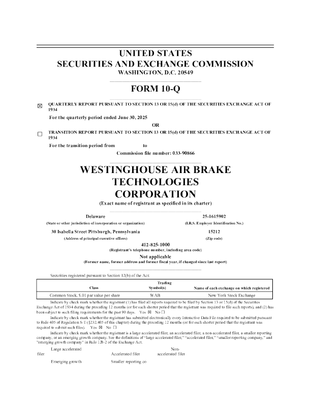 美国西屋制动 2025年季度报告
