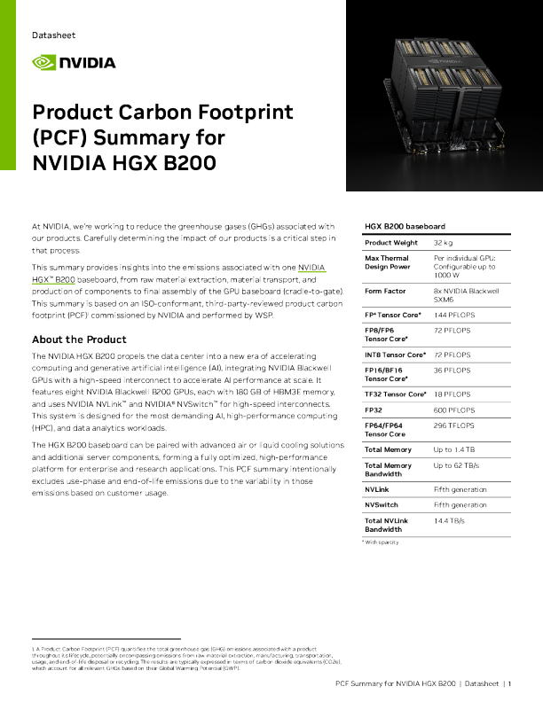 NVIDIA HGX B200产品碳足迹（PCF）摘要