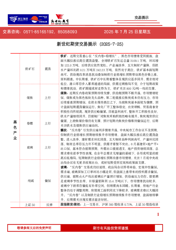 新世纪期货交易提示（2025-7-25）
